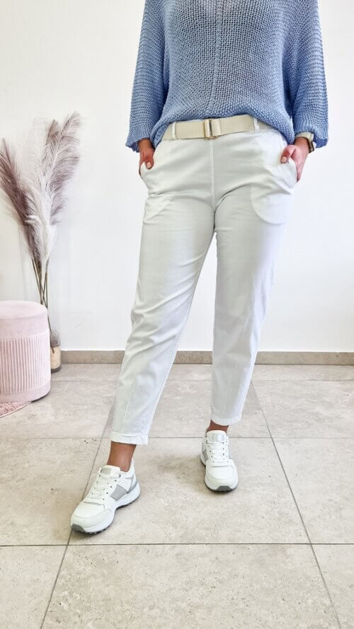 Materiałowe Spodnie Damskie Livans z Przeszyciami na Nogawce Białe