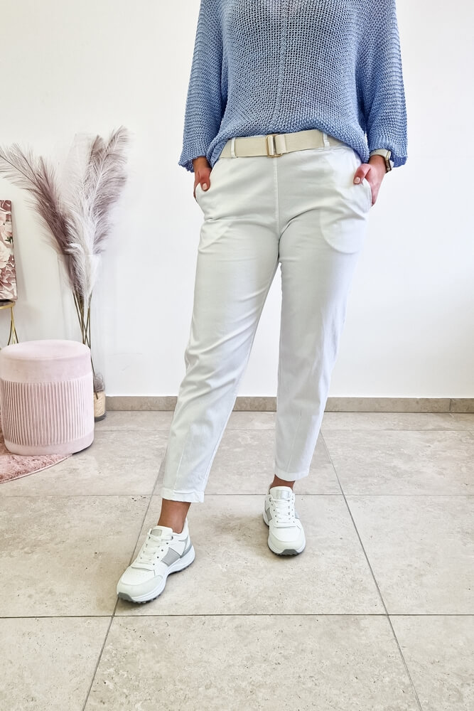 Sklep internetowy NeliNo Materiałowe Spodnie Damskie Livans z Przeszyciami na Nogawce Białe