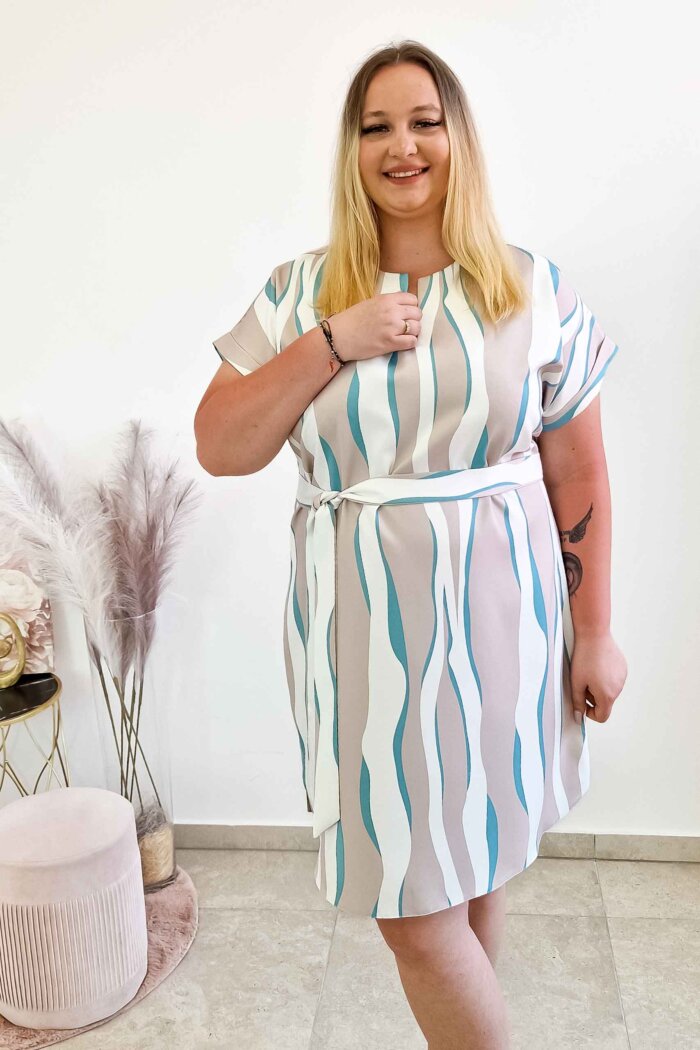 Elegancka Sukienka z Paskiem Camilla Beżowo-Miętowo-Biała - obrazek 3