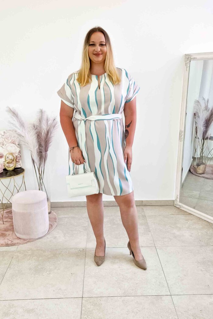 Elegancka Sukienka z Paskiem Camilla Beżowo-Miętowo-Biała