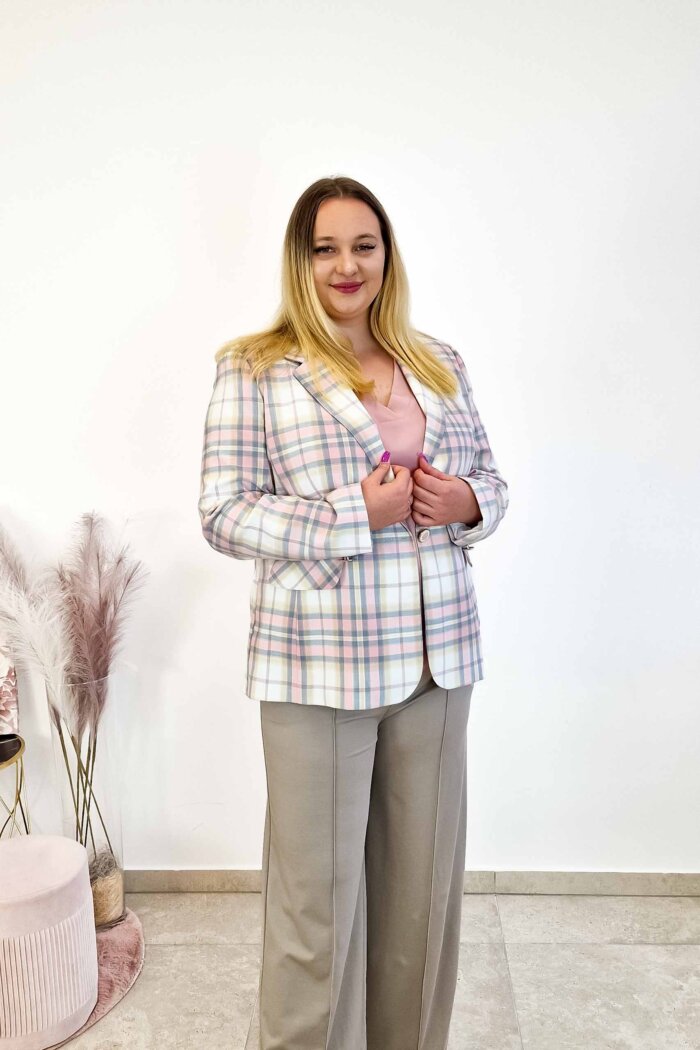 Elegancka Marynarka w Kratę Damska Różowo-Żółta - obrazek 2