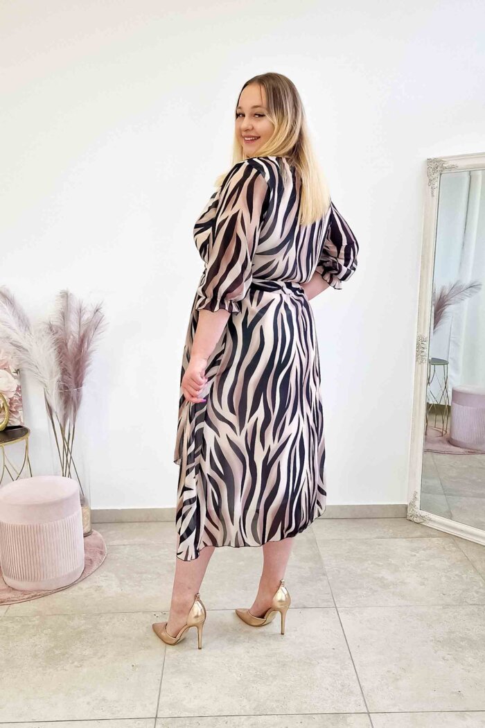 Zwiewna Asymetryczna Sukienka Maxi z Kopertowym Dekoltem Zebra - obrazek 3