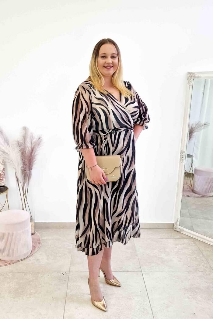 Zwiewna Asymetryczna Sukienka Maxi z Kopertowym Dekoltem Zebra