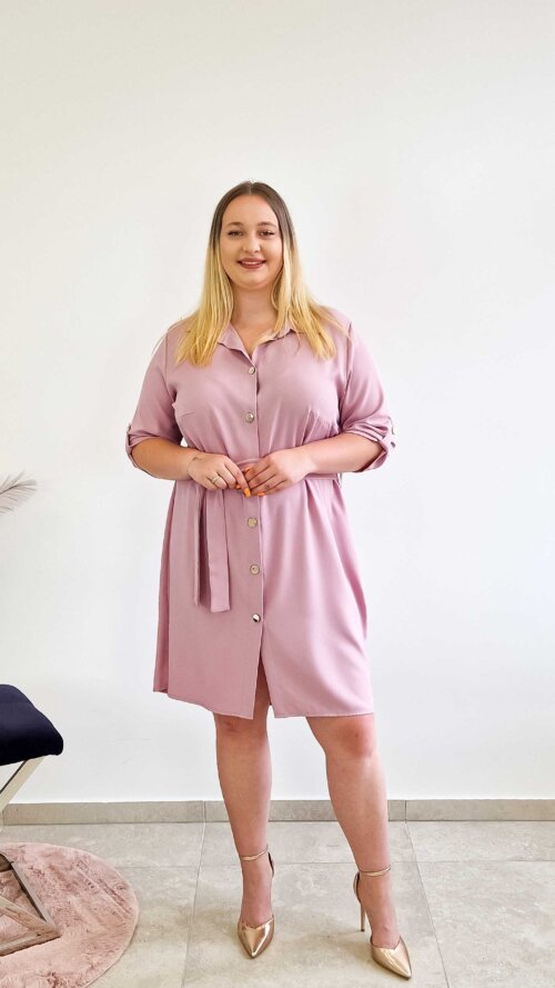 Elegancka Sukienka Szmizjerka Midi Pudrowy Róż