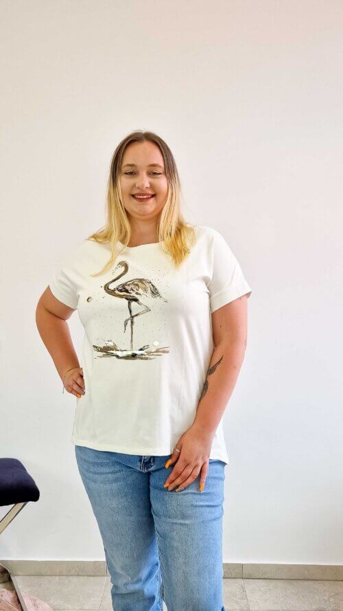 Bawełniana Bluzka Damska z Flamingiem Kremowa