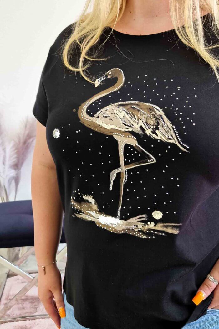 Bawełniana Bluzka Damska z Flamingiem Czarna - obrazek 3