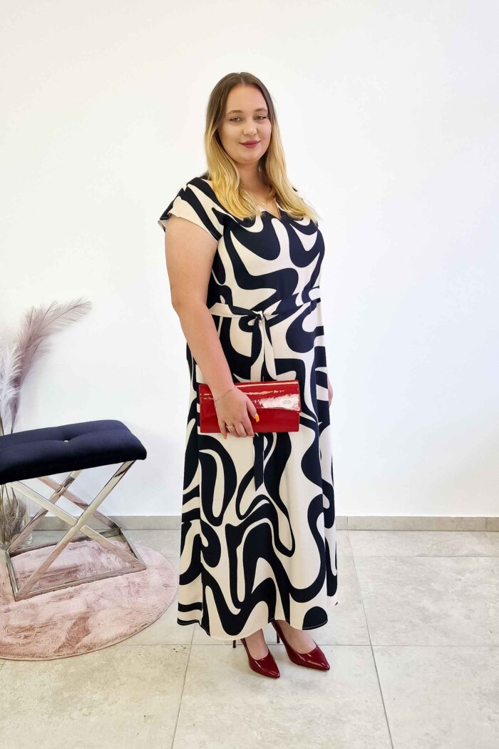 Elegancka Długa Sukienka Maxi w Fale Czarno-Beżowa - obrazek 2