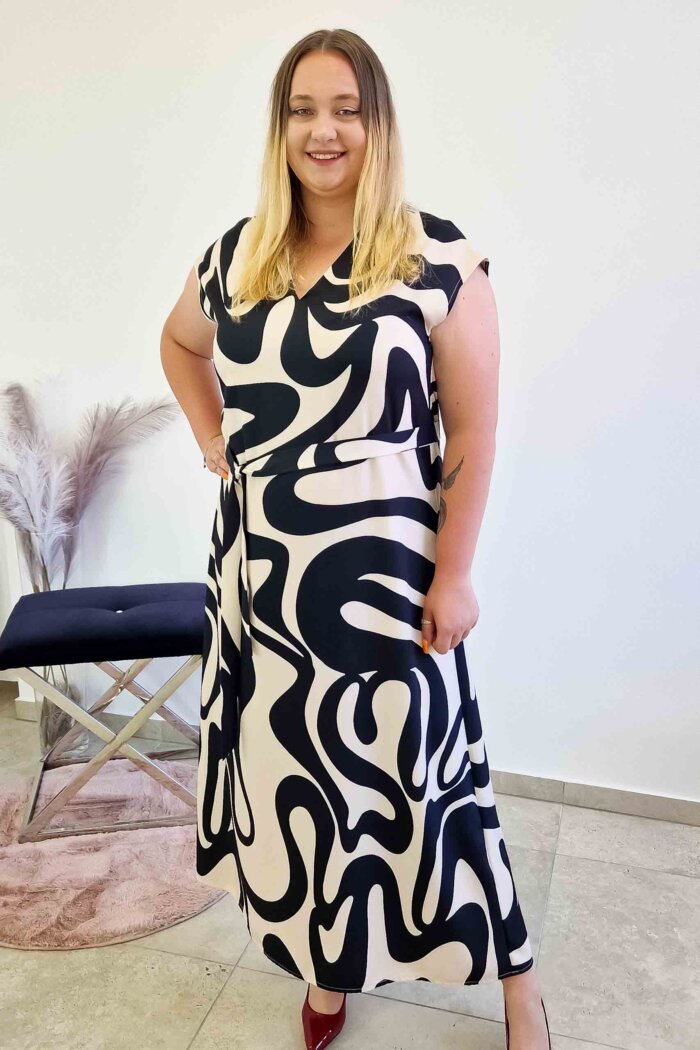 Elegancka Długa Sukienka Maxi w Fale Czarno-Beżowa - obrazek 3