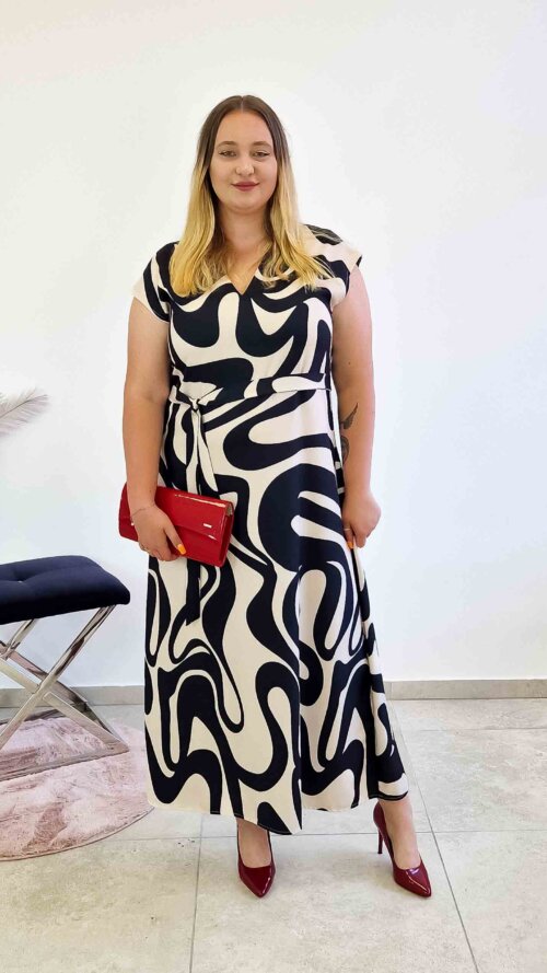 Elegancka Długa Sukienka Maxi w Fale Czarno-Beżowa