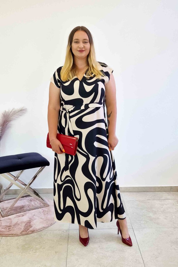 Elegancka Długa Sukienka Maxi w Fale Czarno-Beżowa