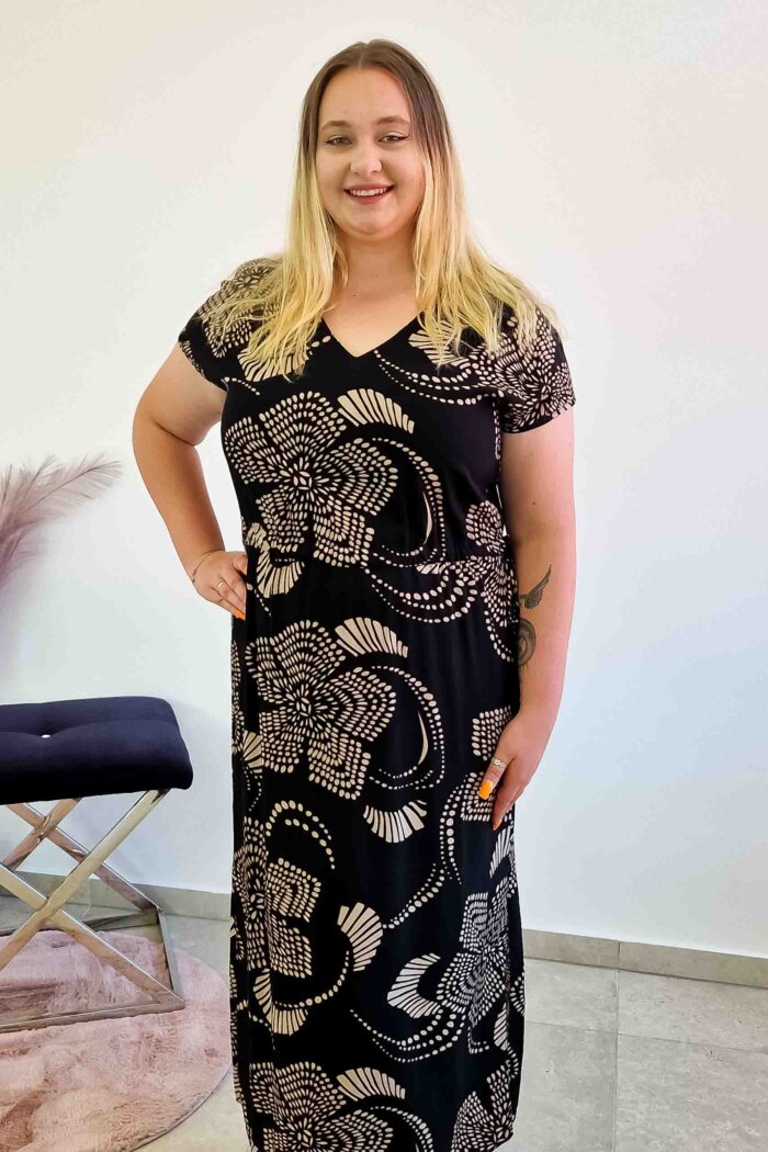 Elegancka Sukienka Maxi w Kwiaty z Wiązaniem i Rozcięciem po Bokach Czarno-Beżowa - obrazek 2