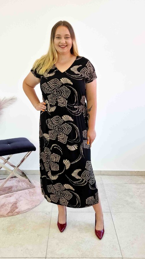 Elegancka Sukienka Maxi w Kwiaty z Wiązaniem i Rozcięciem po Bokach Czarno-Beżowa