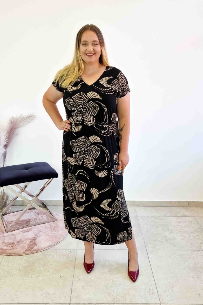 Elegancka Sukienka Maxi w Kwiaty z Wiązaniem i Rozcięciem po Bokach Czarno-Beżowa