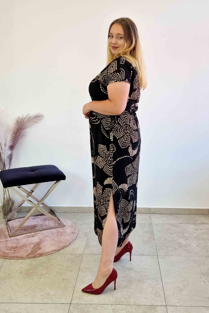 Elegancka Sukienka Maxi w Kwiaty z Wiązaniem i Rozcięciem po Bokach Czarno-Beżowa - obrazek 3