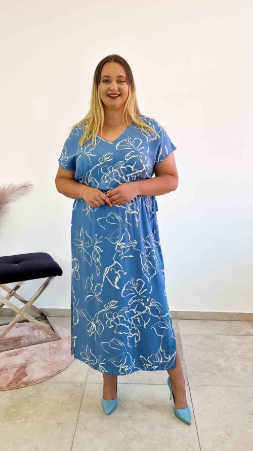 Elegancka Sukienka Maxi w Kwiaty z Wiązaniem i Rozcięciem po Bokach Niebiesko-Biała