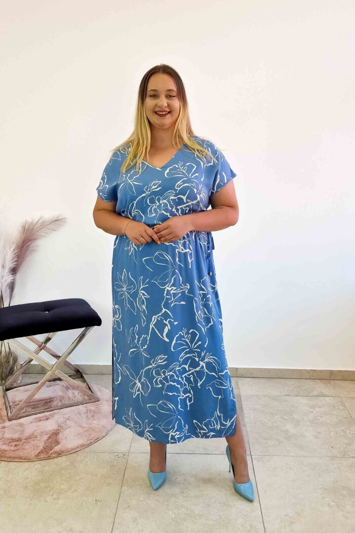 Elegancka Sukienka Maxi w Kwiaty z Wiązaniem i Rozcięciem po Bokach Niebiesko-Biała