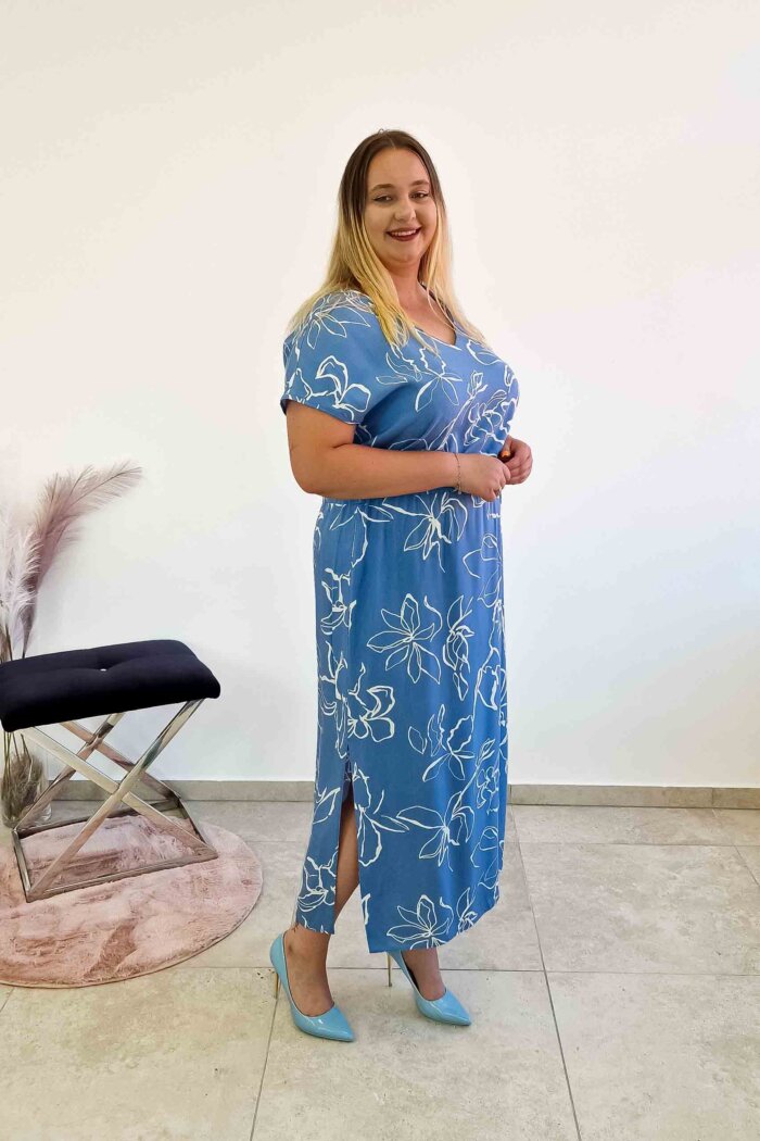 Elegancka Sukienka Maxi w Kwiaty z Wiązaniem i Rozcięciem po Bokach Niebiesko-Biała - obrazek 2