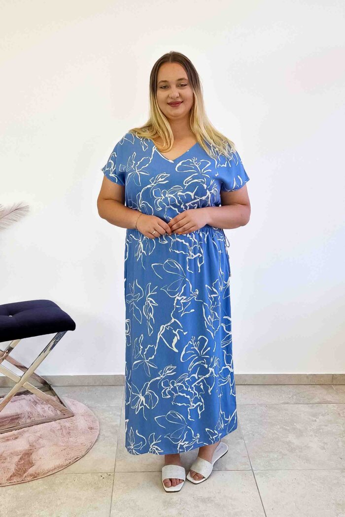 Elegancka Sukienka Maxi w Kwiaty z Wiązaniem i Rozcięciem po Bokach Niebiesko-Biała - obrazek 3