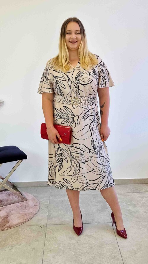 Elegancka Sukienka Maxi w Liście z Ozdobnym Paskiem Beżowo-Czarna