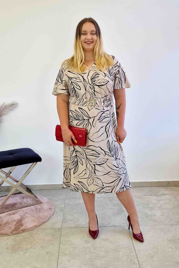 Elegancka Sukienka Maxi w Liście z Ozdobnym Paskiem Beżowo-Czarna