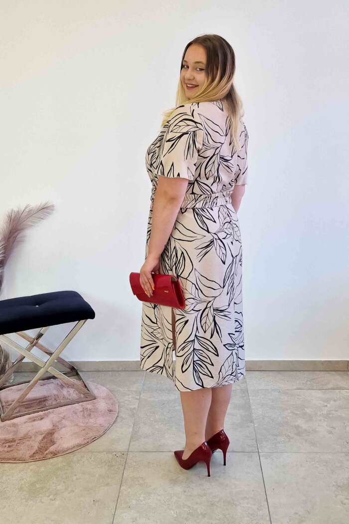 Elegancka Sukienka Maxi w Liście z Ozdobnym Paskiem Beżowo-Czarna - obrazek 2
