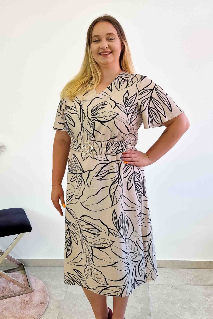 Elegancka Sukienka Maxi w Liście z Ozdobnym Paskiem Beżowo-Czarna - obrazek 4