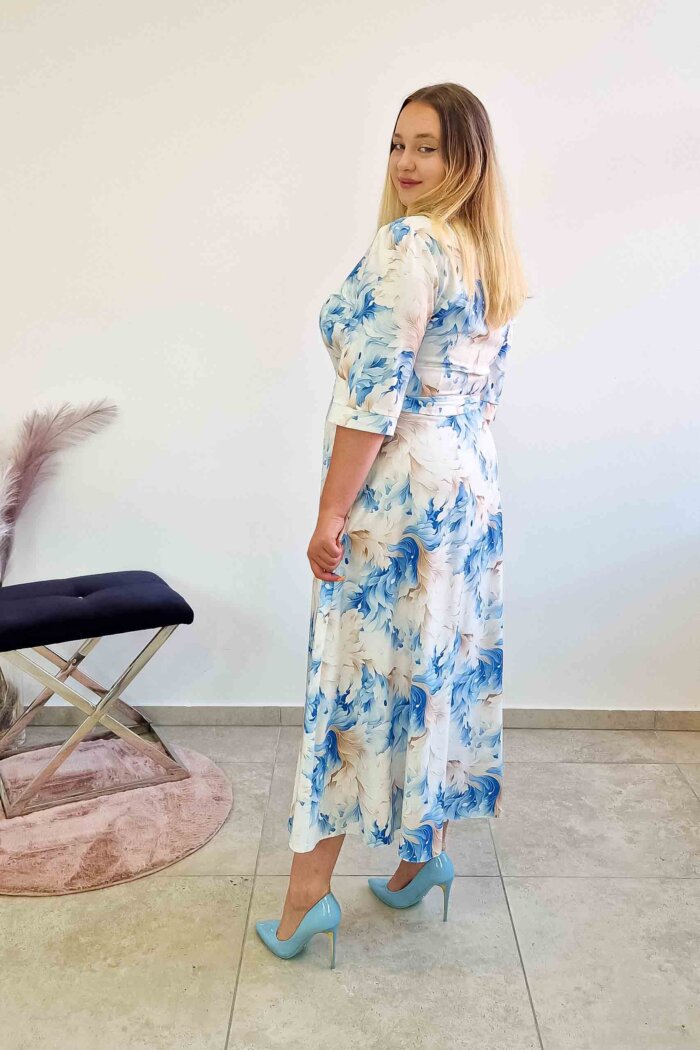 Elegancka Sukienka Szmizjerka Maxi w Kwiaty Błękitno-Beżowa - obrazek 2