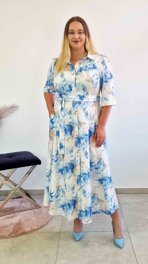 Elegancka Sukienka Szmizjerka Maxi w Kwiaty Błękitno-Beżowa