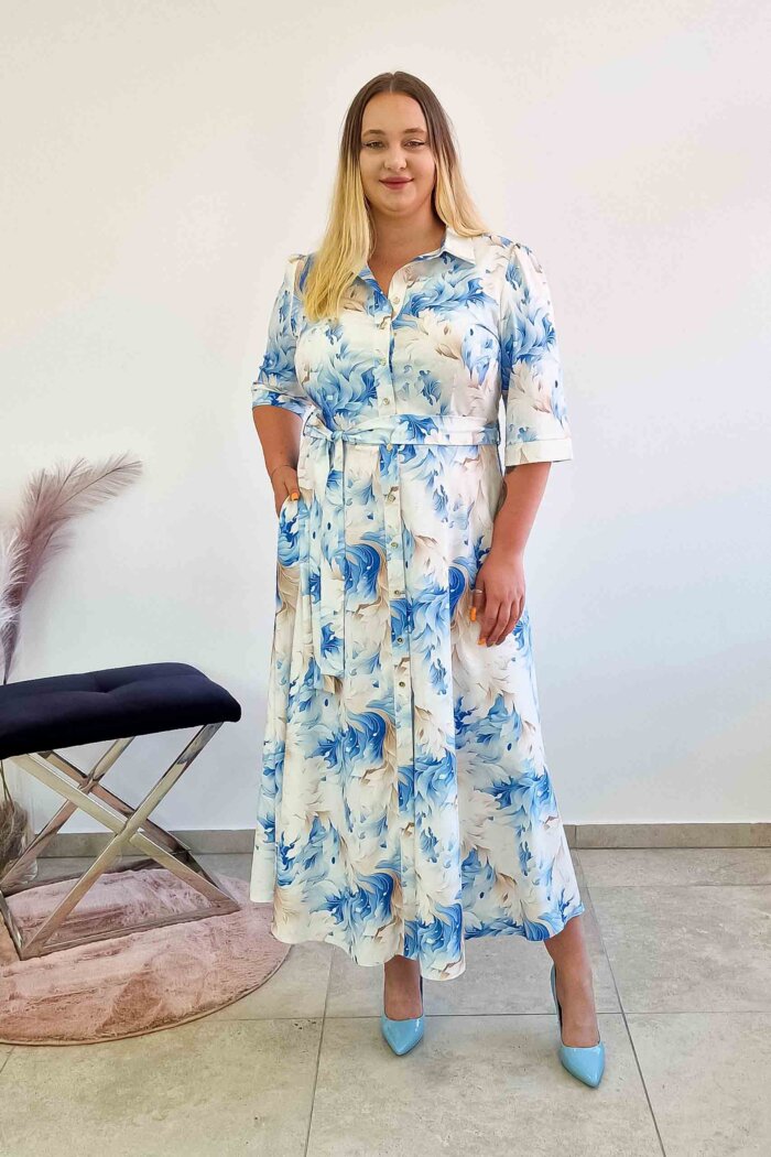 Elegancka Sukienka Szmizjerka Maxi w Kwiaty Błękitno-Beżowa