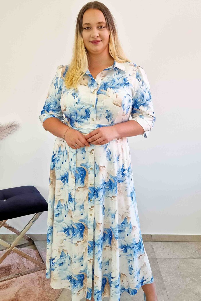 Elegancka Sukienka Szmizjerka Maxi w Kwiaty Błękitno-Beżowa - obrazek 3