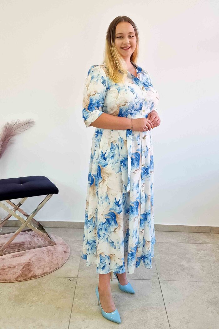 Elegancka Sukienka Szmizjerka Maxi w Kwiaty Błękitno-Beżowa - obrazek 4