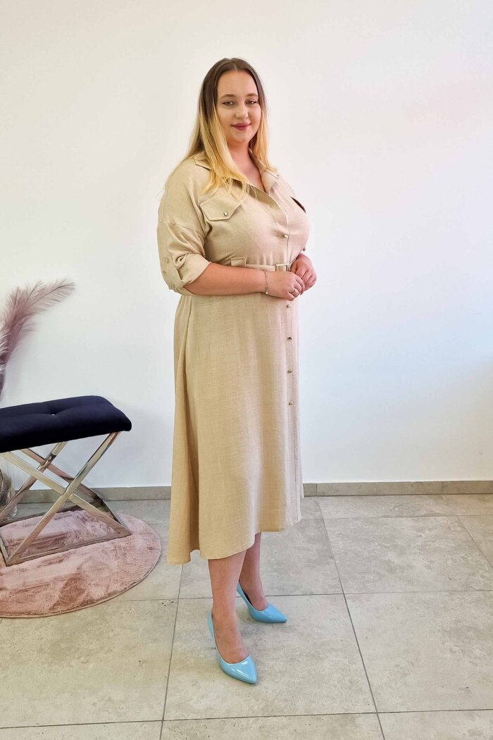 Elegancka Sukienka Szmizjerka Maxi z Paskiem Beżowa - obrazek 2