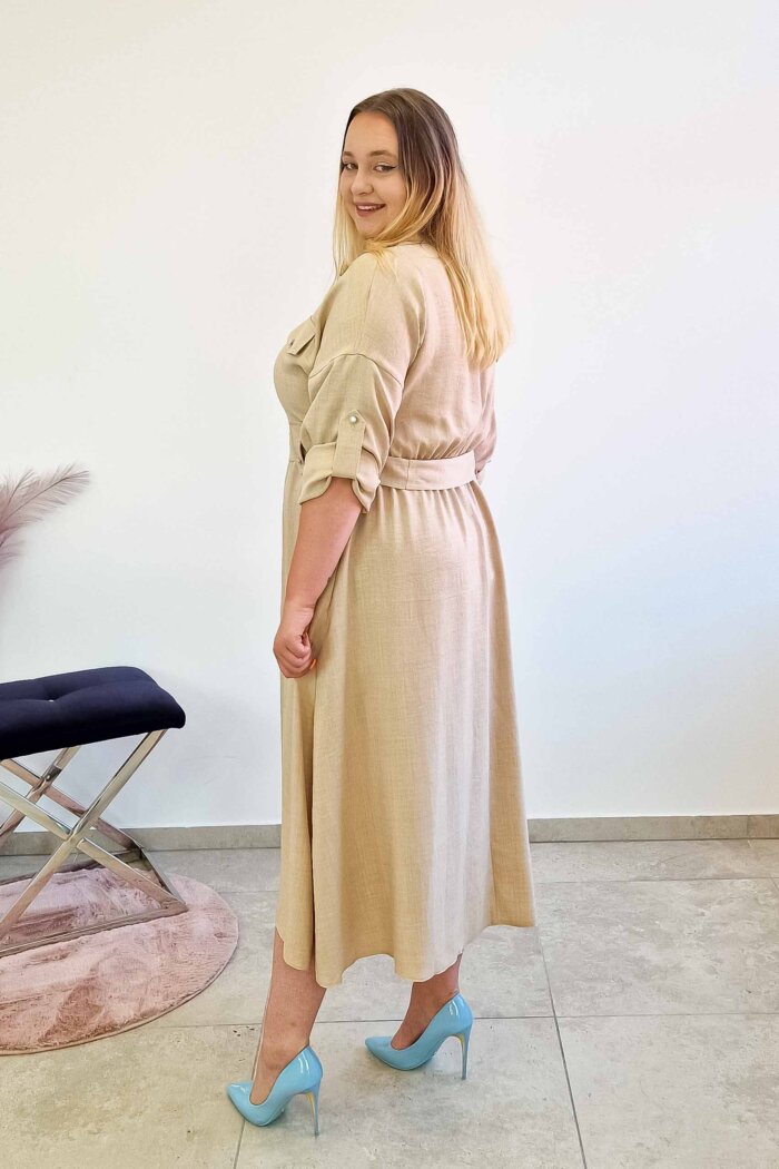 Elegancka Sukienka Szmizjerka Maxi z Paskiem Beżowa - obrazek 3