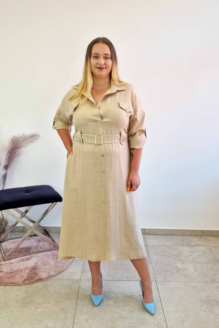 Elegancka Sukienka Szmizjerka Maxi z Paskiem Beżowa