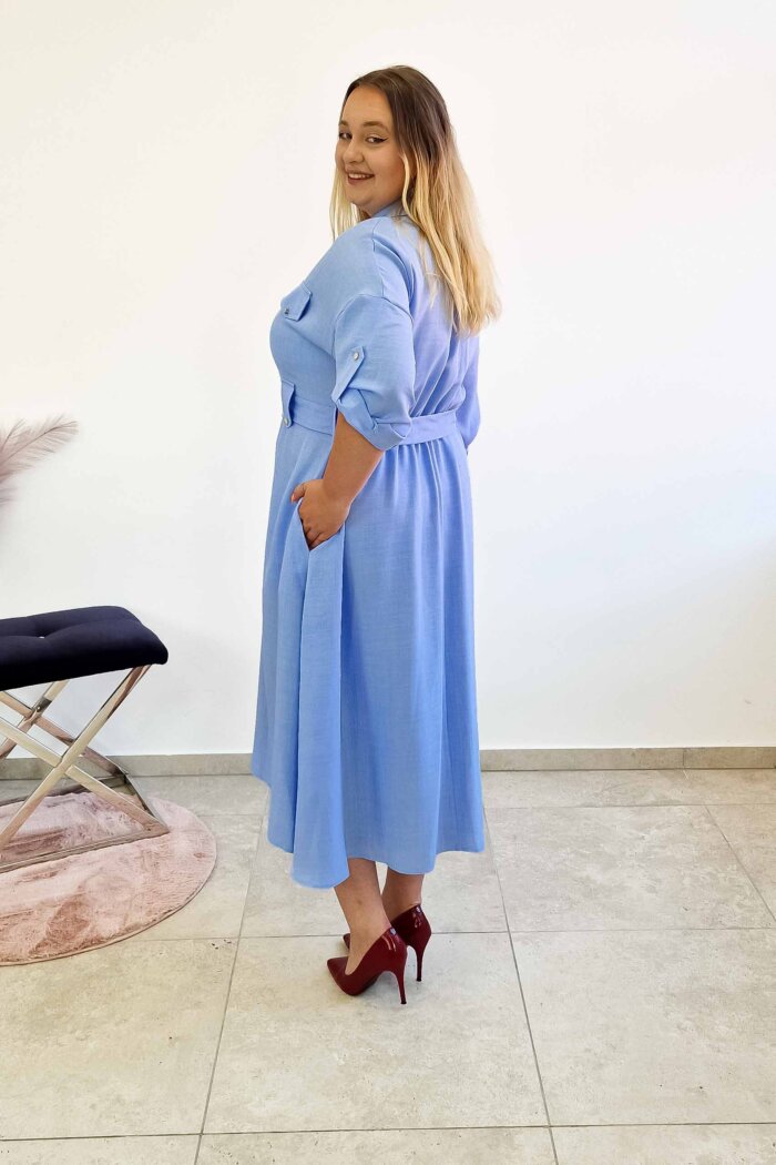 Elegancka Sukienka Szmizjerka Maxi z Paskiem Błękitna - obrazek 3
