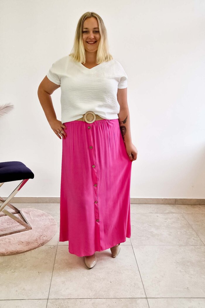 Spódnica Maxi z Guzikami i Paskiem Fuksja