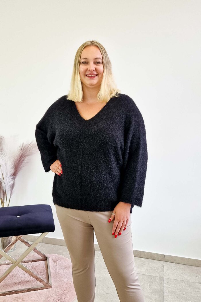 Włochaty Sweter Kimono Damski Czarny - obrazek 3