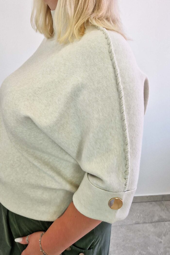Sweter Damski Półgolf z Warkoczem na Rękawie Beżowy - obrazek 4