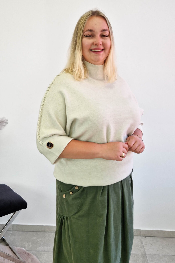 Sweter Damski Półgolf z Warkoczem na Rękawie Beżowy