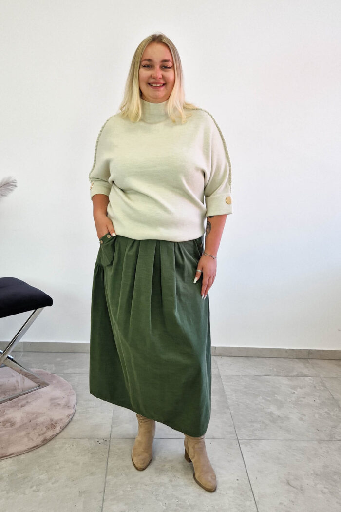 Sweter Damski Półgolf z Warkoczem na Rękawie Beżowy - obrazek 3