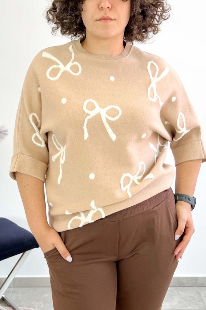 Sweter Damski we Wstążki z Rękawem 3/4 Beżowy