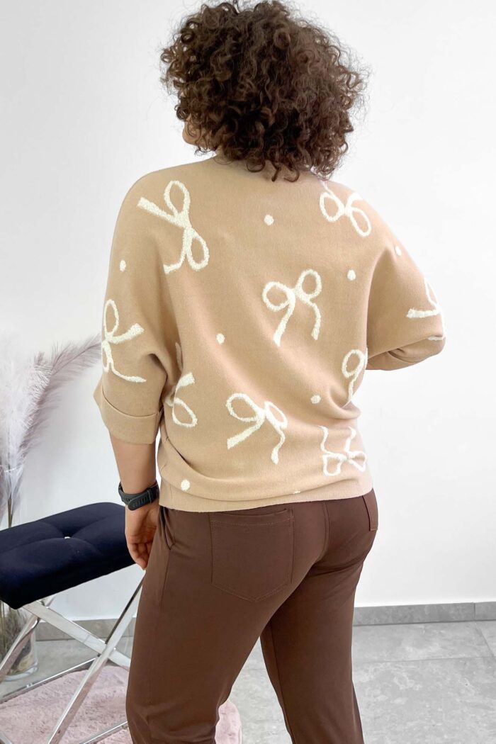 Sweter Damski we Wstążki z Rękawem 3/4 Beżowy - obrazek 5
