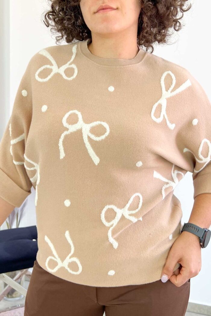 Sweter Damski we Wstążki z Rękawem 3/4 Beżowy - obrazek 2