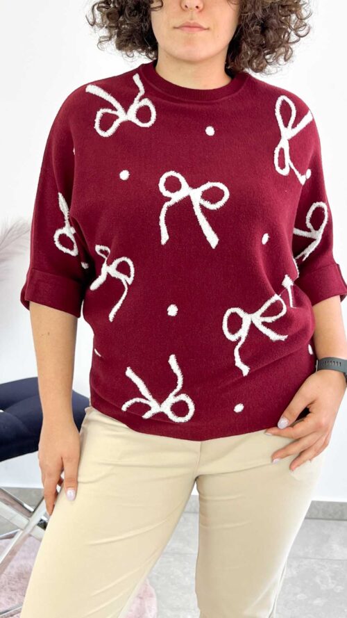 Sweter Damski we Wstążki z Rękawem 3/4 Bordowy