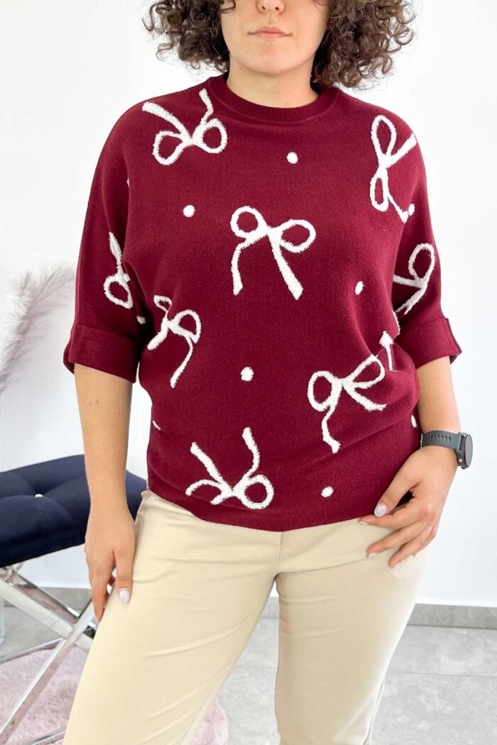 Sweter Damski we Wstążki z Rękawem 3/4 Bordowy