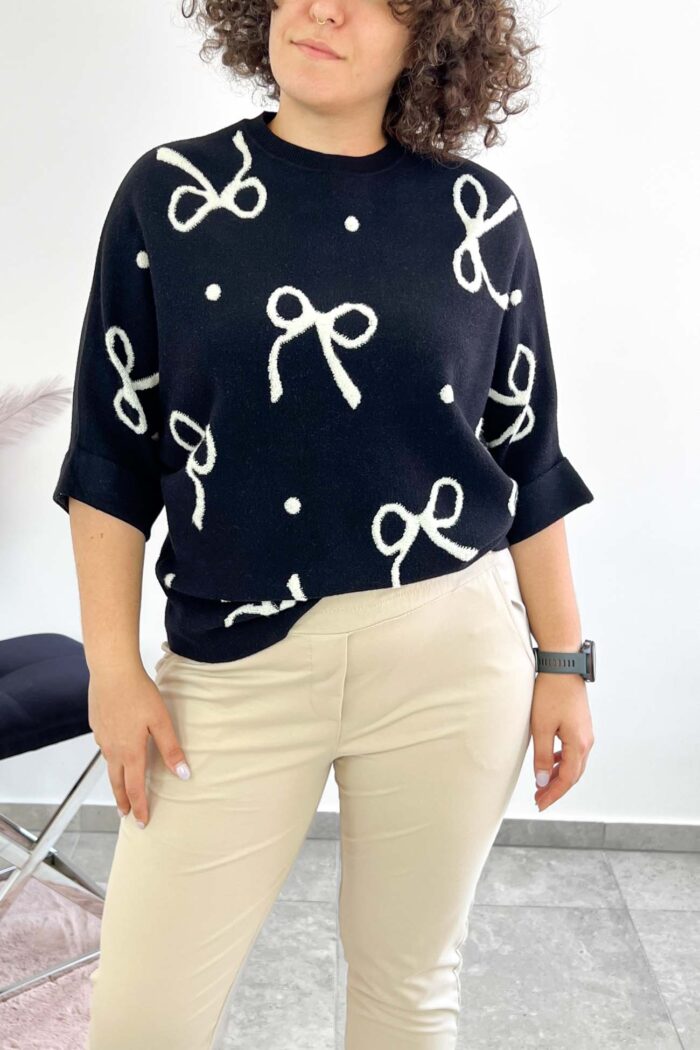Sweter Damski we Wstążki z Rękawem 3/4 Czarny