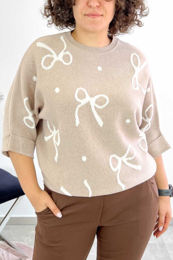 Sweter Damski we Wstążki z Rękawem 3/4 Kremowy