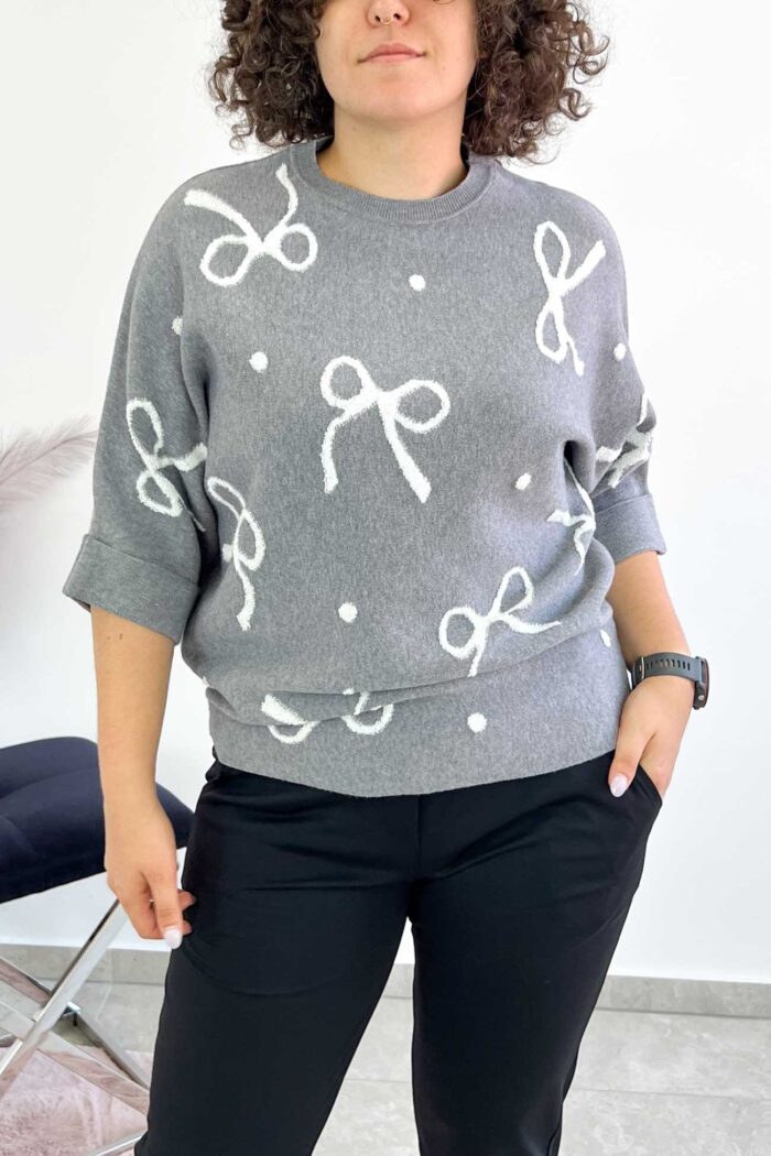 Sweter Damski we Wstążki z Rękawem 3/4 Popielaty
