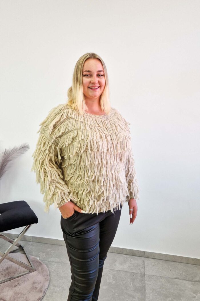 Sweter Damski z Frędzlami z Długim Rękawem Beżowy