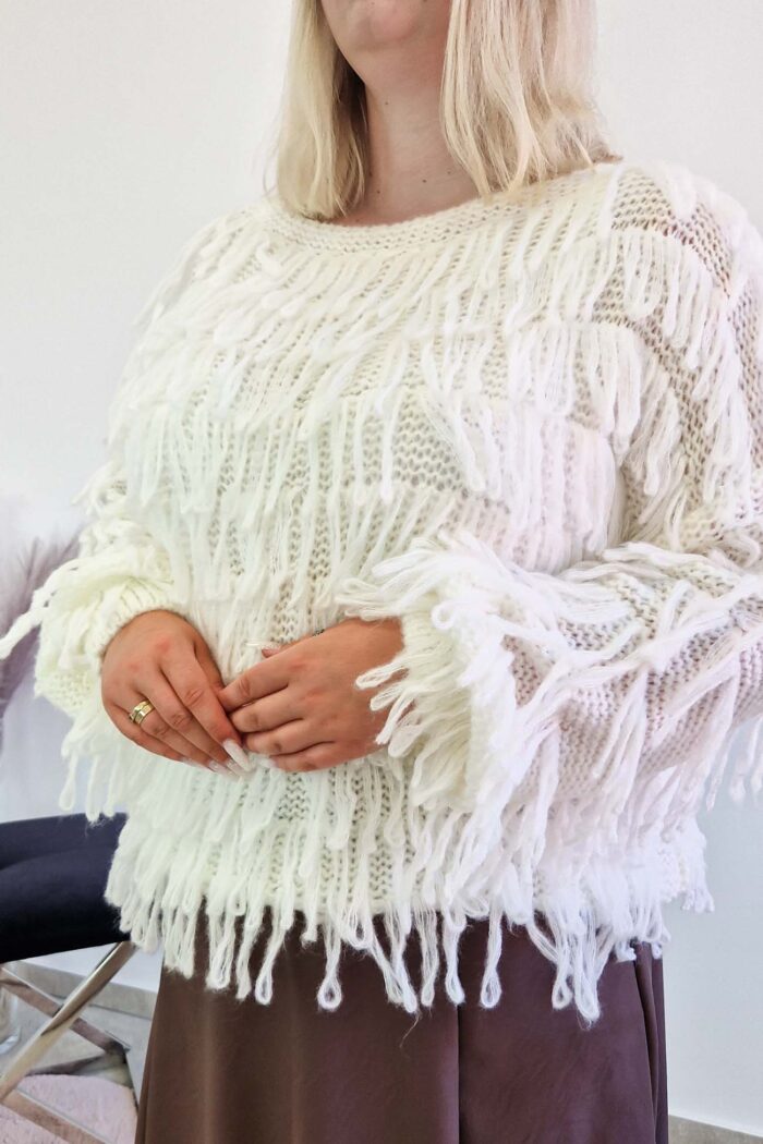 Sweter Damski z Frędzlami z Długim Rękawem Kremowy - obrazek 2